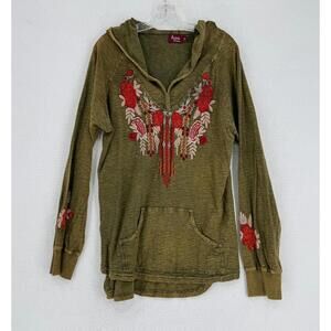 Avani Del Amour Womens Green Aztec Embroidered Long Sleeve Hooded Top Sz L